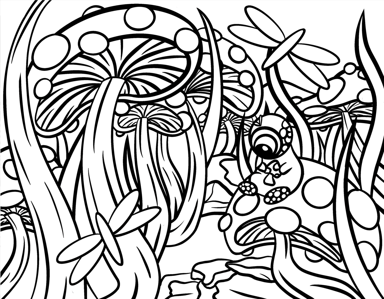 Spring the mushroom forest, structural outline sketch.